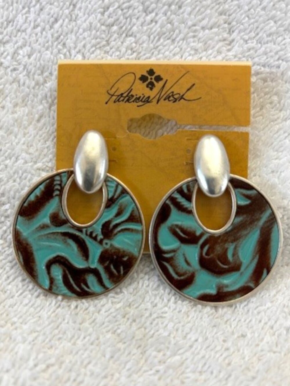 Patricia Nash brushed silver and teal/brown leather pierced earrings NWT